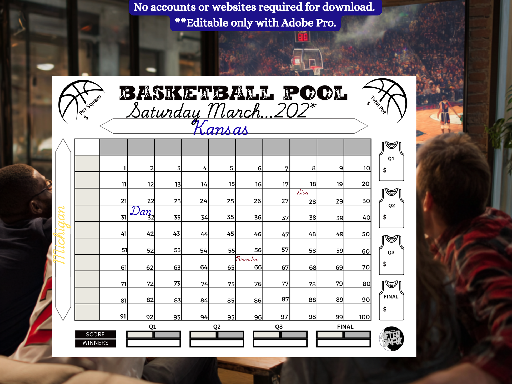 Basketball pool sheet for March 2022 with people in the background watching a basketball game.