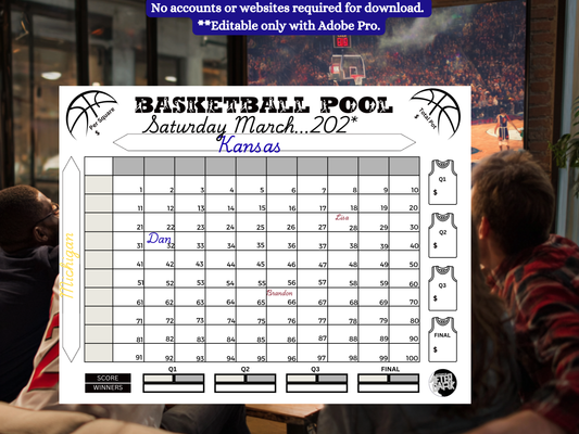 Basketball pool sheet for March 2022 with people in the background watching a basketball game.