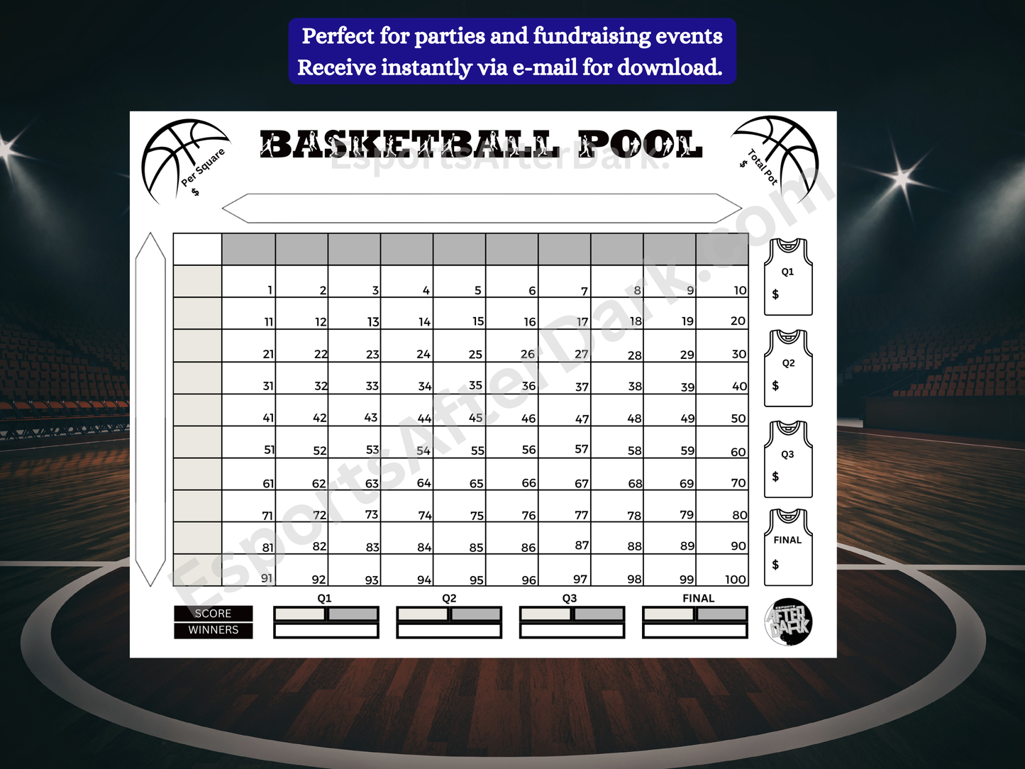 Basketball pool sheet on a basketball court background
