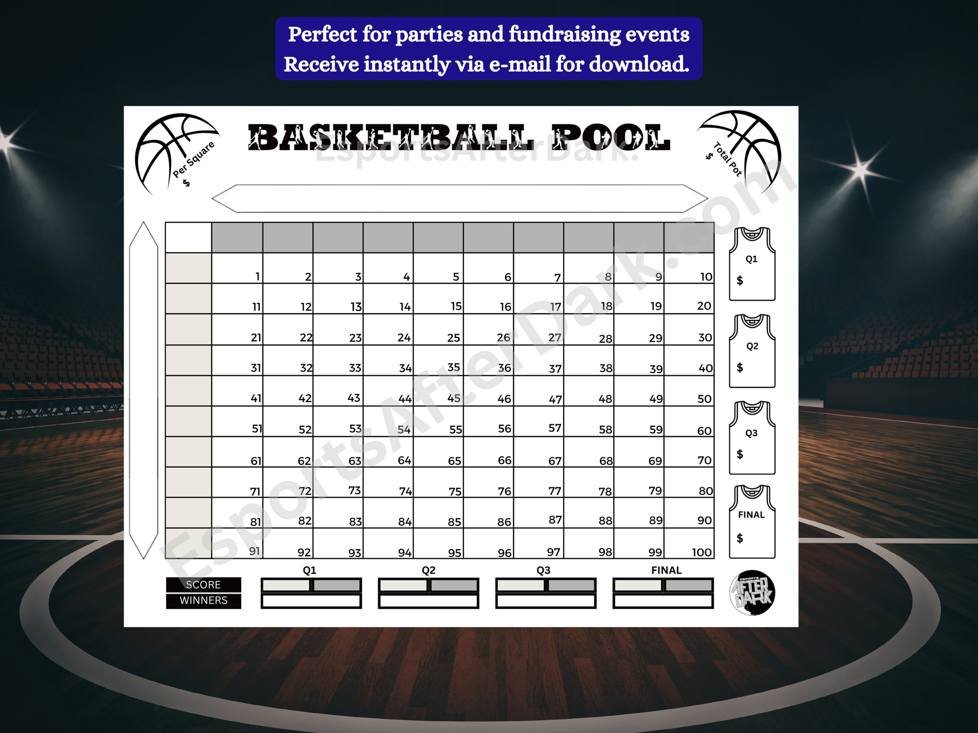 Basketball pool sheet on a basketball court background