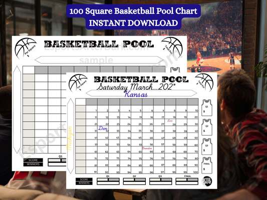 Basketball pool chart with a person sitting on a couch in the background