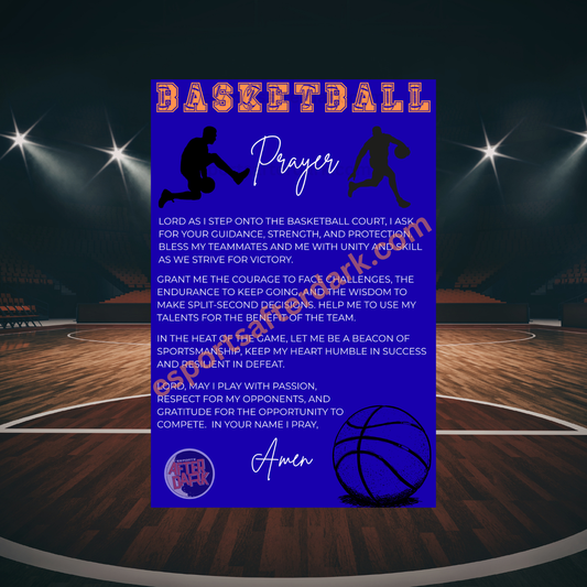 Basketball prayer card with silhouette of a player on a basketball court background