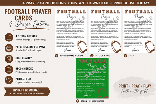 Instant Download Football Prayer Card-Inspirational Sports Prayer for Athletes, Coaches, Teams, and Families. (Printable)