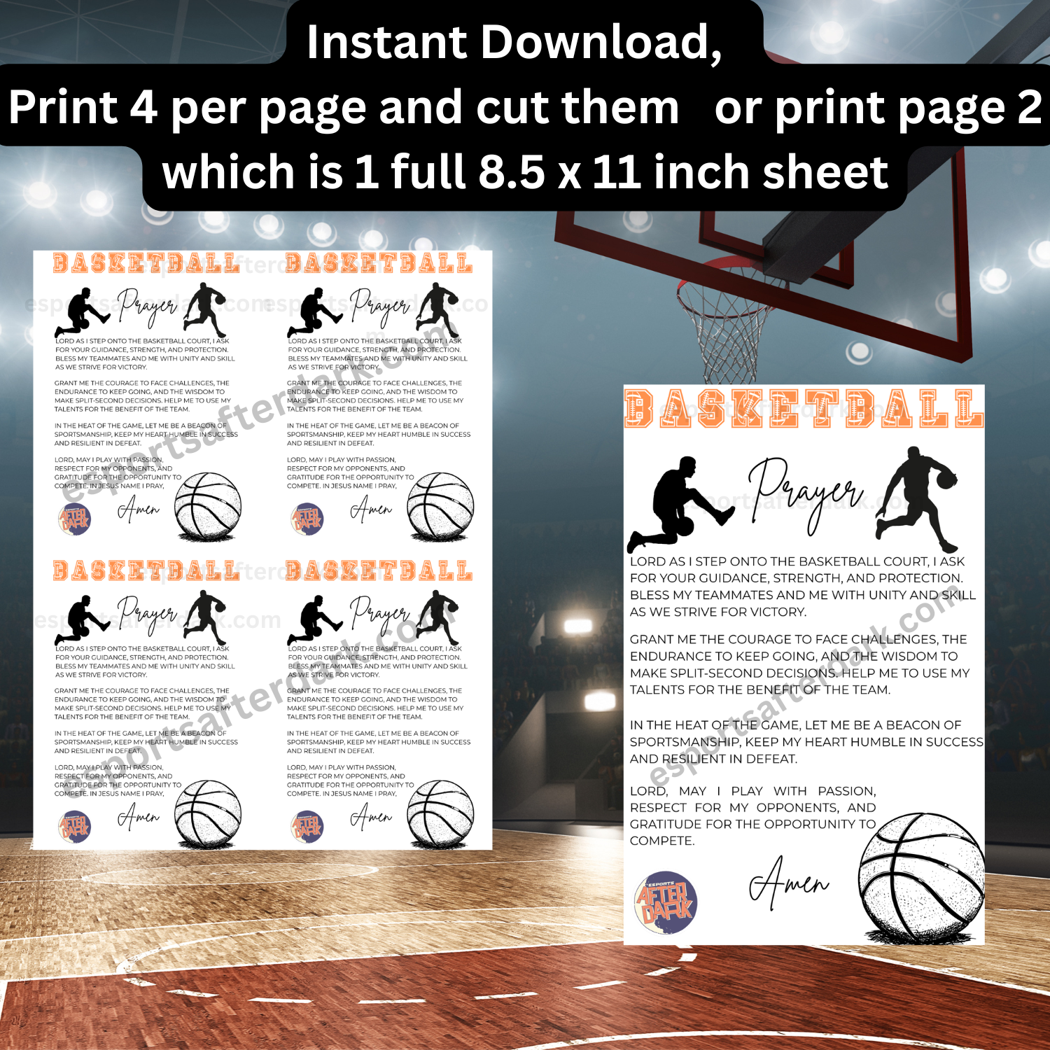 Basketball prayer sheet with basketball-themed design on a basketball court background