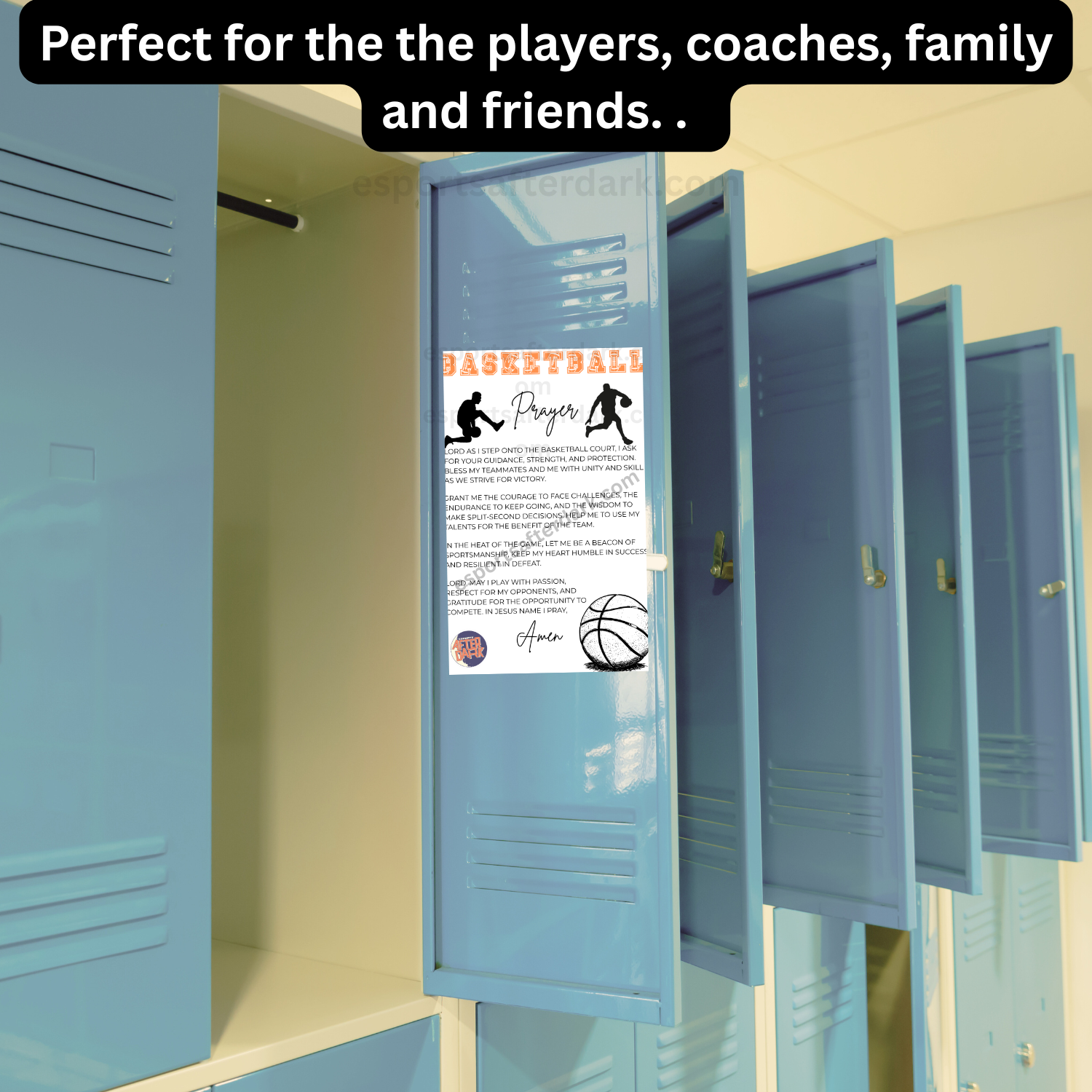 Open blue lockers with a basketball-themed poster inside, set against a yellow wall.