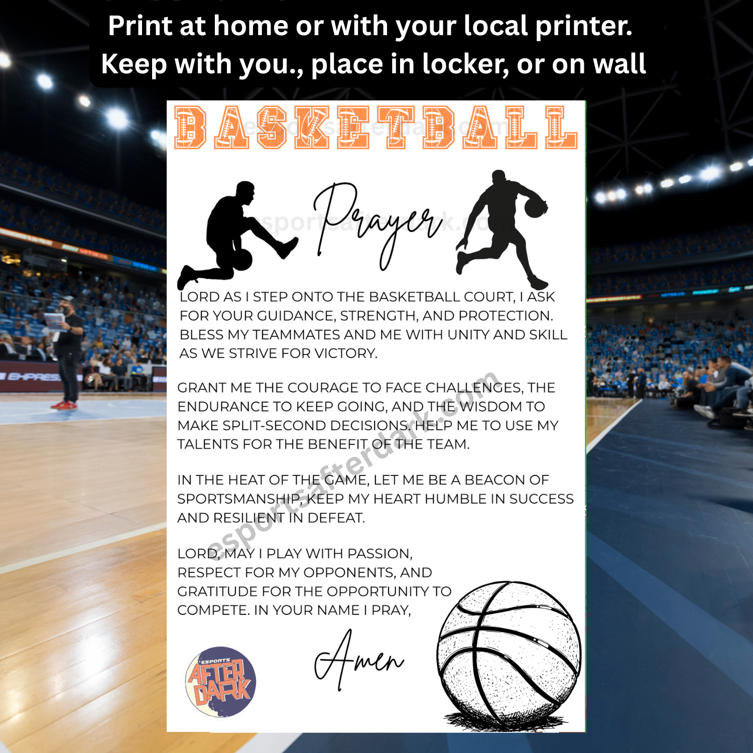 Basketball prayer card with basketball court background