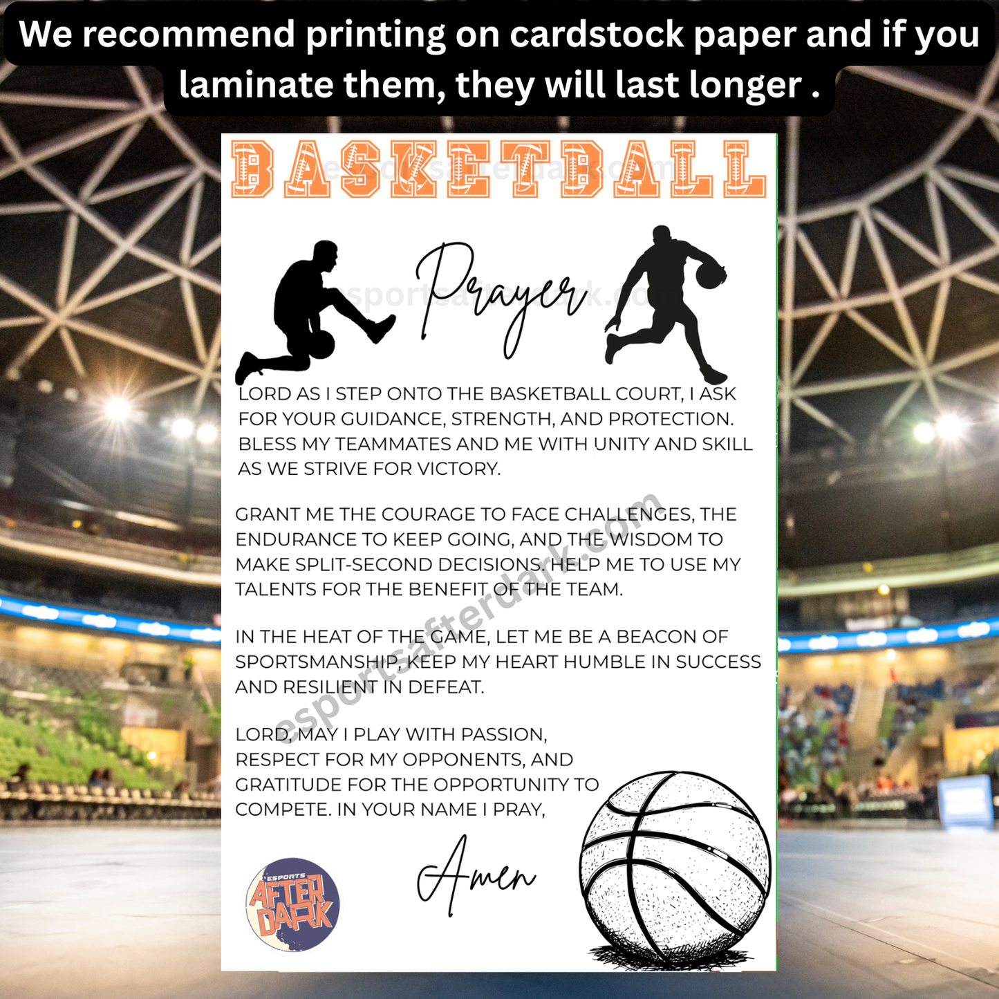 Basketball prayer card with basketball-themed design on a sports arena background