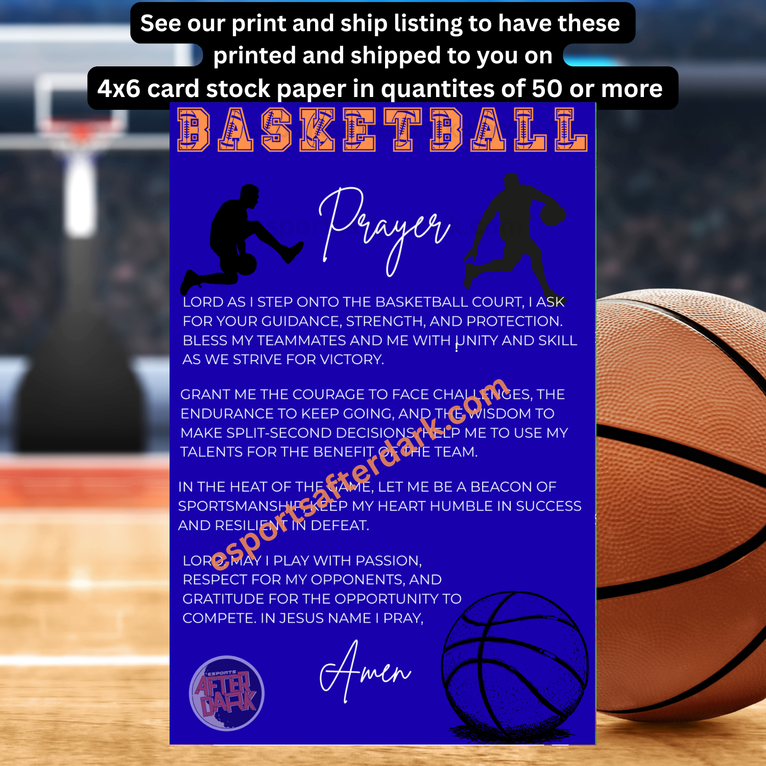 Basketball prayer card with basketball and court background
