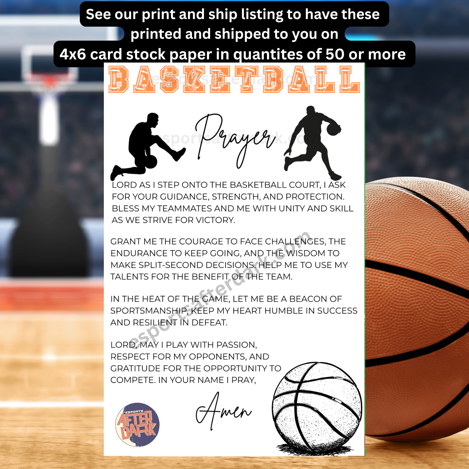 Basketball prayer card with basketball-themed design on a wooden surface