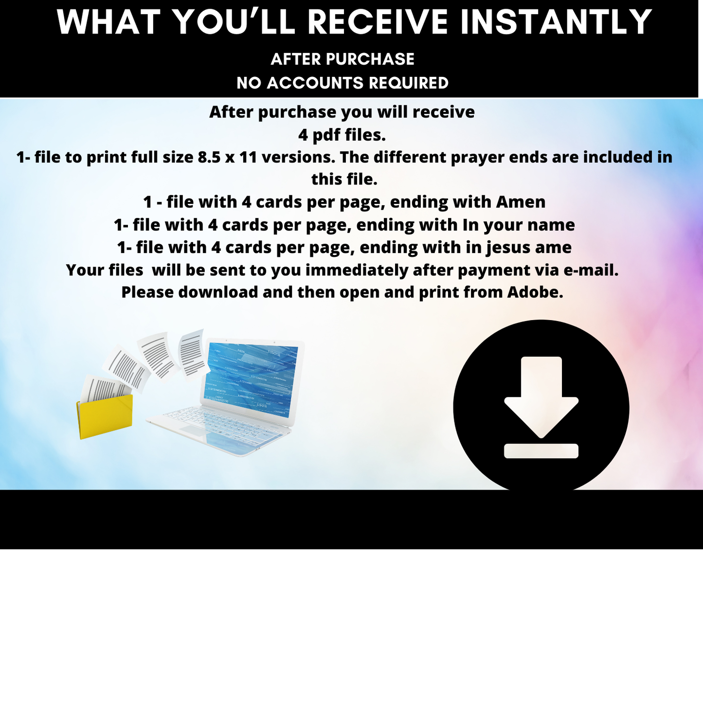 Promotional text for digital downloads with a laptop and file icon on a colorful gradient background.