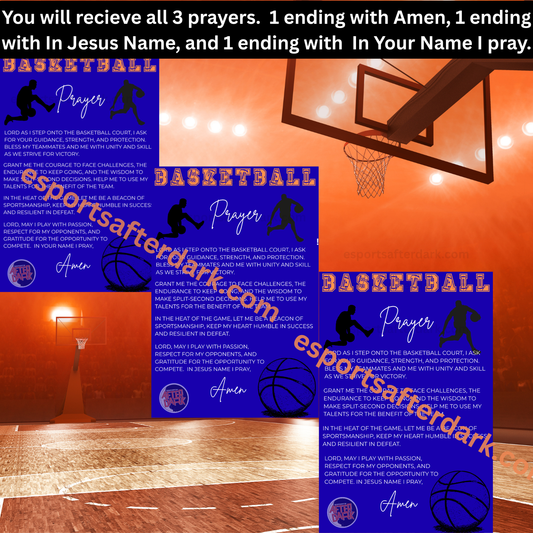 Basketball-themed prayer cards on a basketball court background