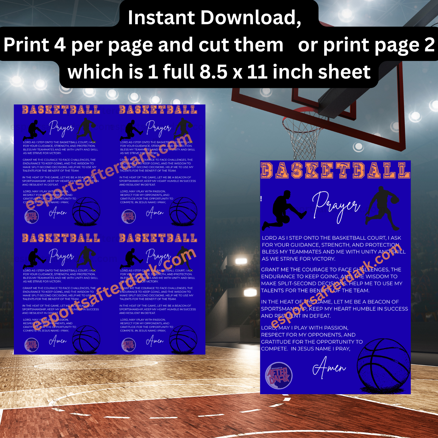 Basketball prayer sheet with basketball-themed design on a basketball court background