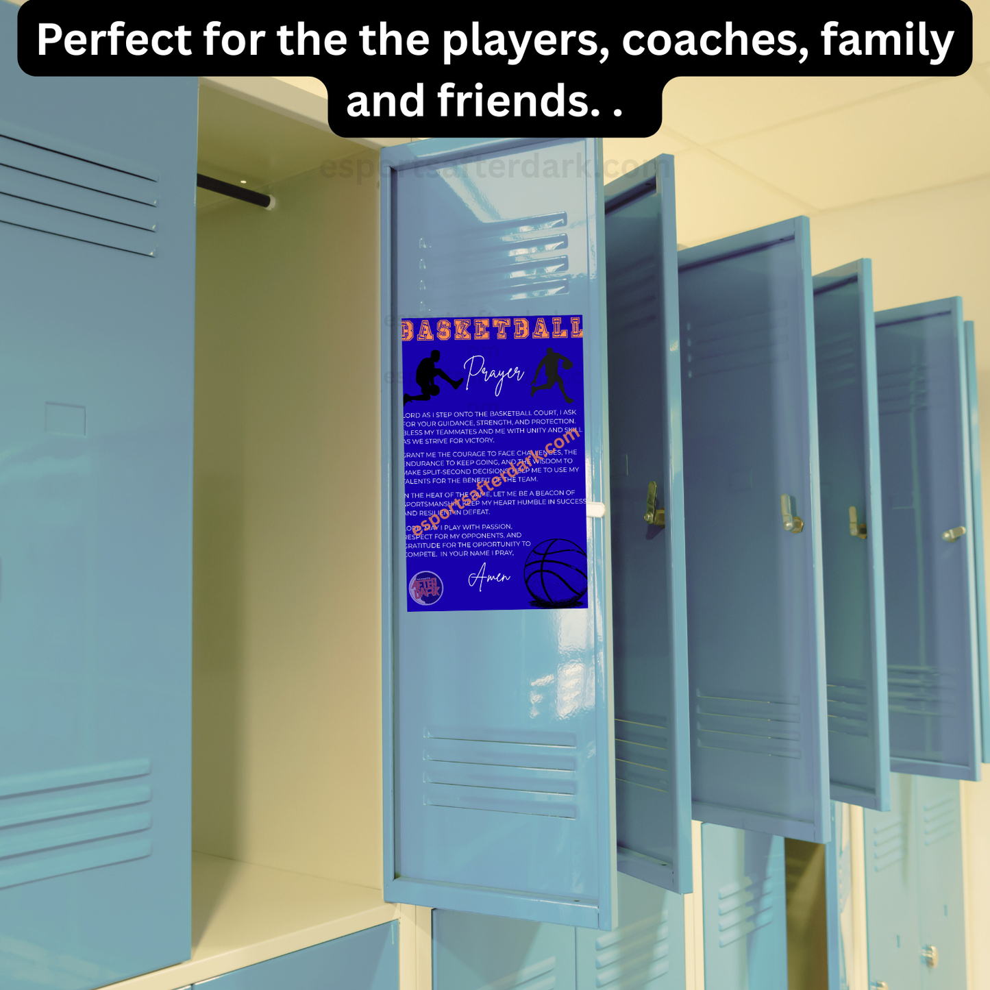 Open blue locker with a basketball-themed poster inside, surrounded by other lockers.