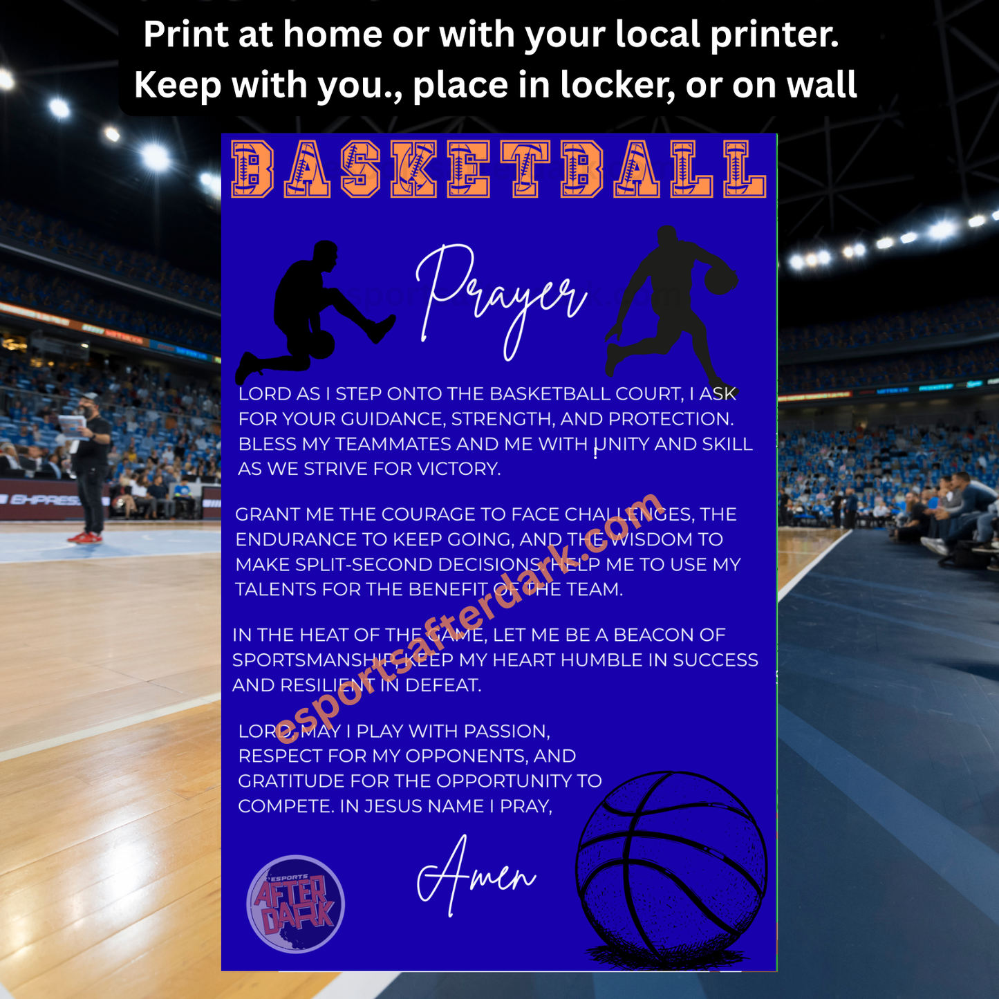 Basketball prayer card with basketball court background