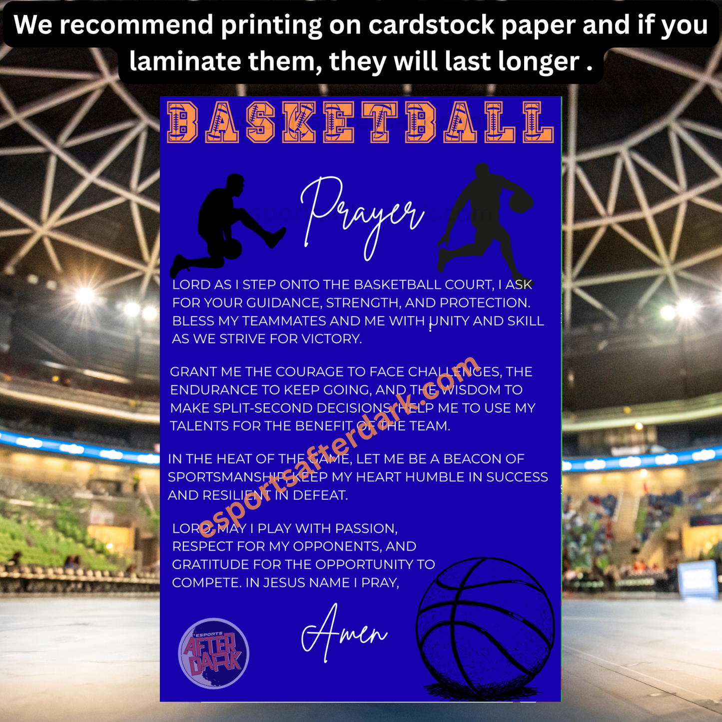 Basketball prayer card with silhouette graphics on a blue background, set against a basketball court backdrop.