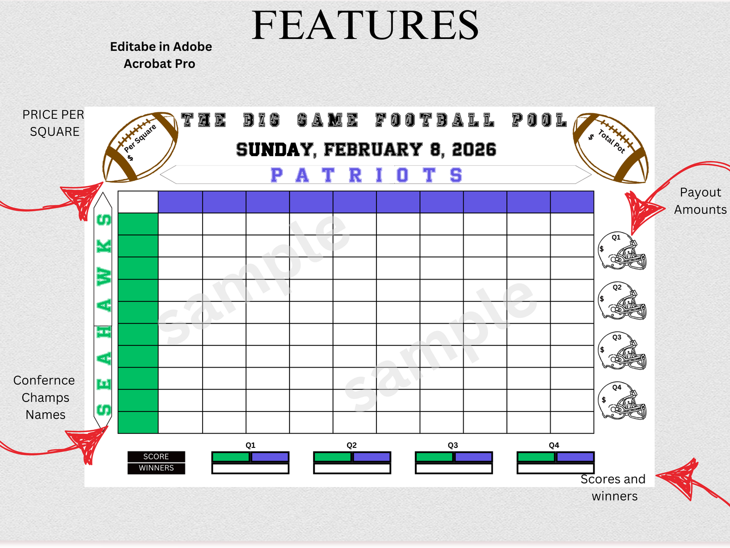 The Big Game 100 Football Squares Pool Instant Download (No Accounts Required)