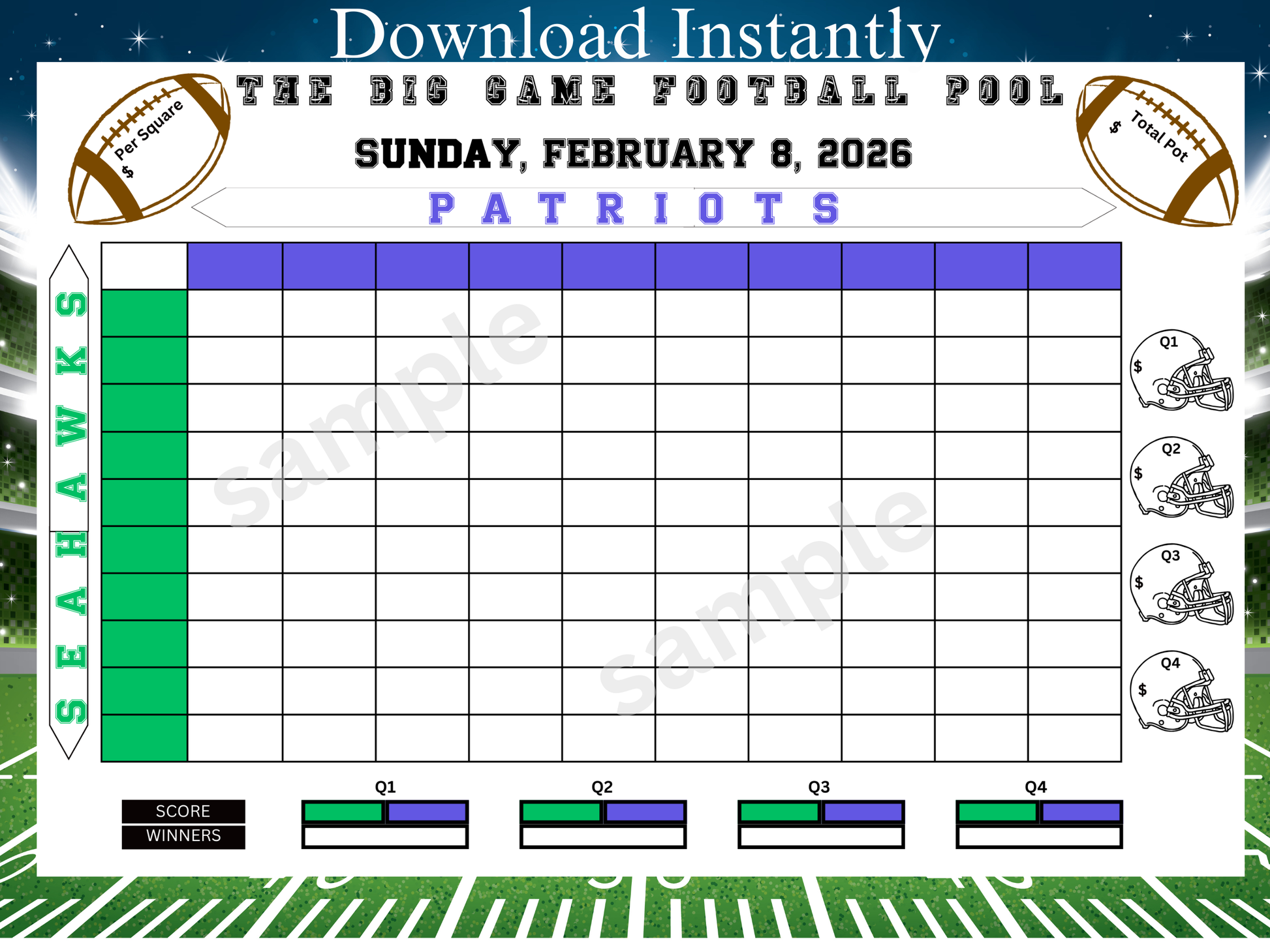 football pool chart for the big game, 100 square football pool sheet for the big sunday game bowl party Game Day Football Bash, Football Squares