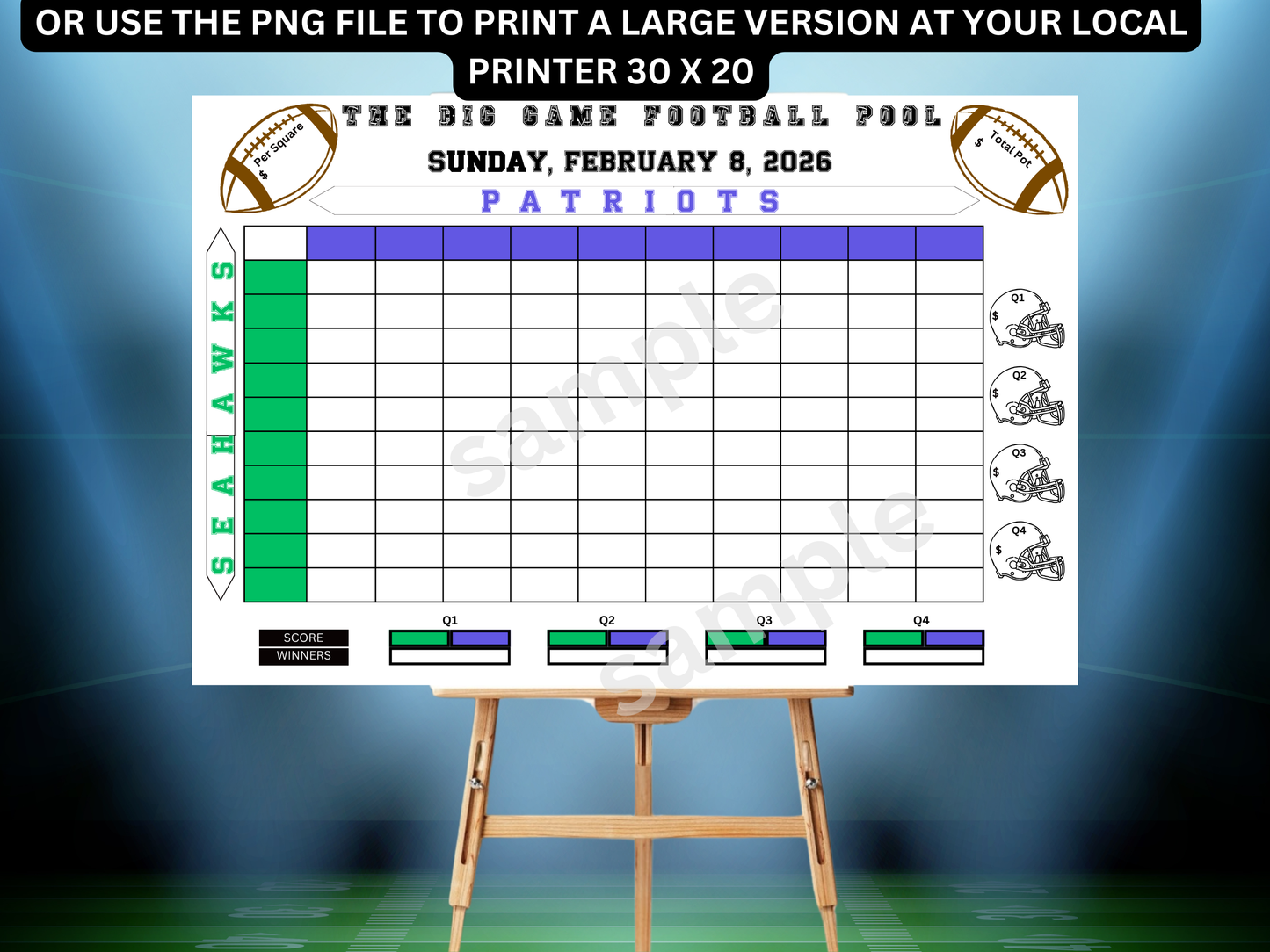 The Big Game 100 Football Squares Pool Instant Download (No Accounts Required)