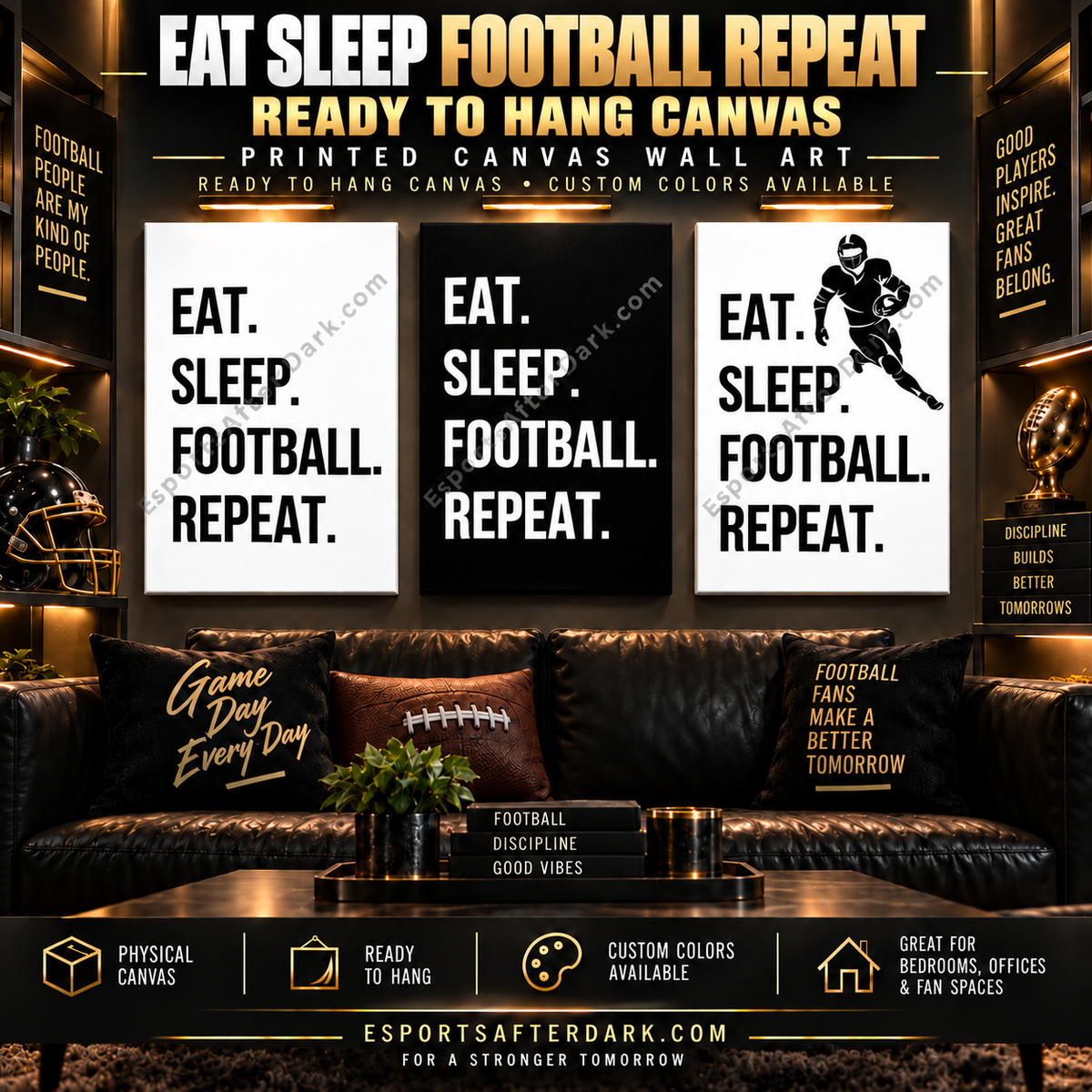 Eat Sleep Football Repeat Canvas Wall Art | Football Player, Coach & Man Cave Decor