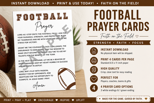 Instant Download Football Prayer Card-Inspirational Sports Prayer for Athletes, Coaches, Teams, and Families. (Printable)