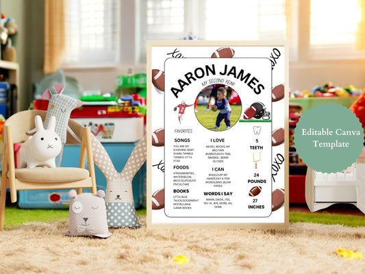 1st Birthday Football Memories.  Editable Template