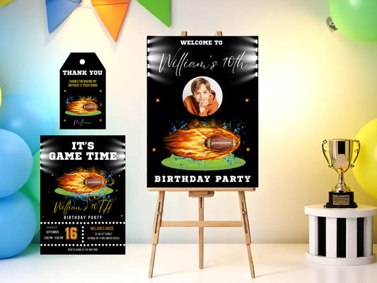 Football Birthday Party Bundle: Editable Invitation, Sign, and Tags (Digital Download)