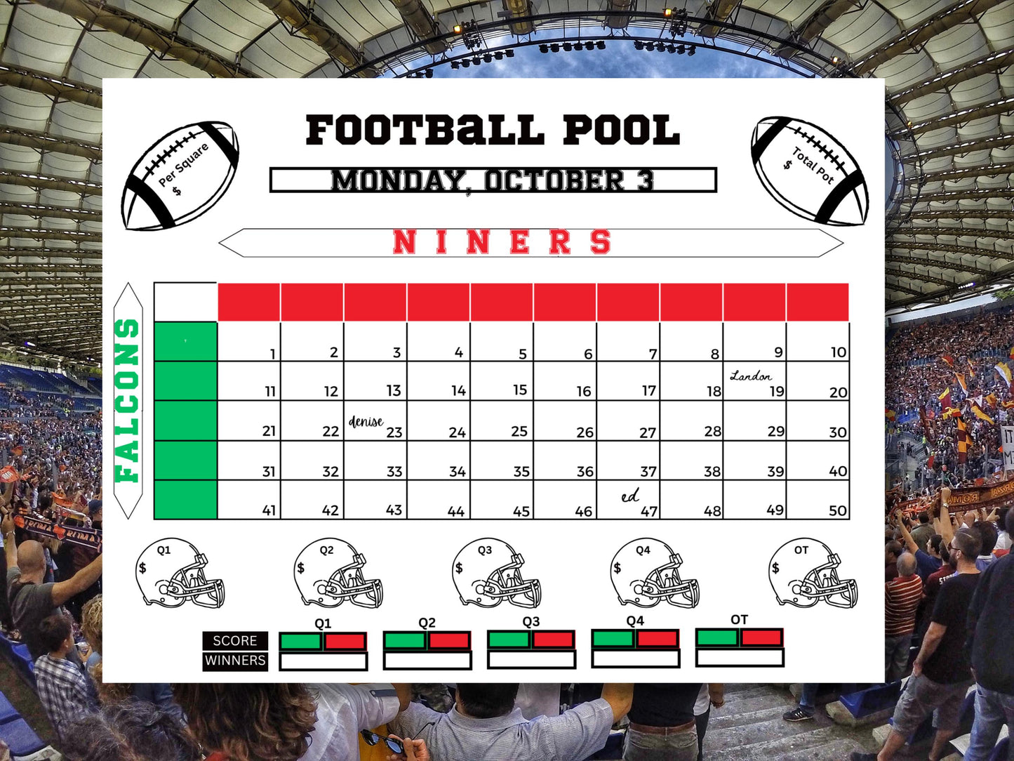 Done For You Football Pool Chart: 50 or 100 Squares Digital Download