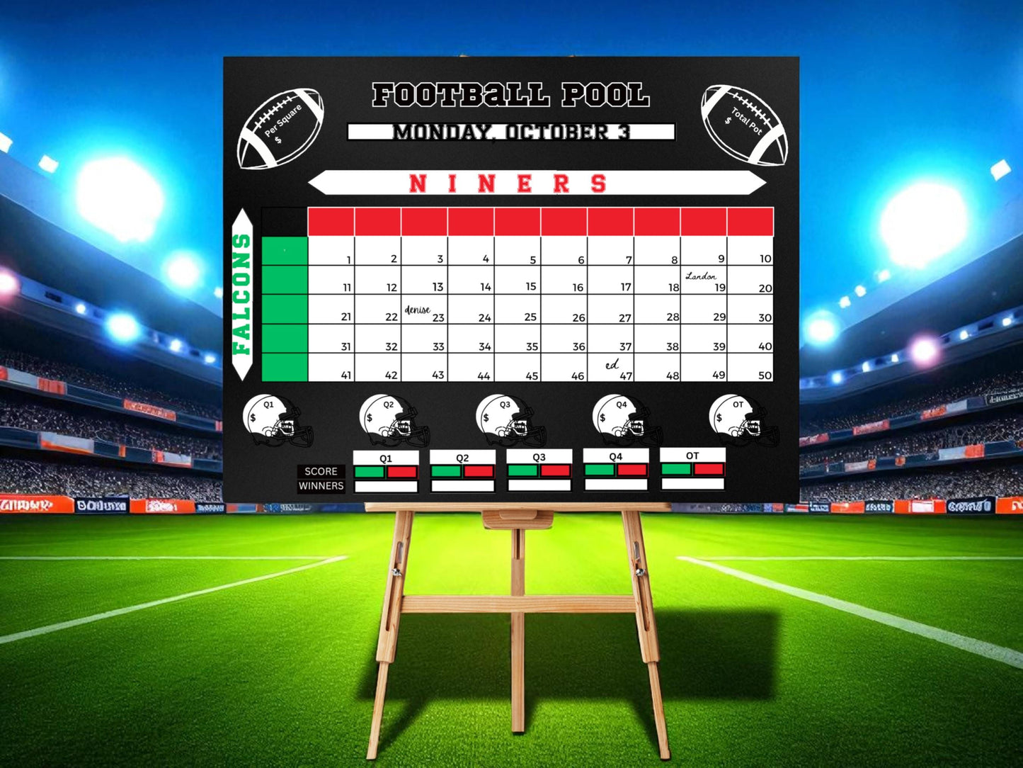 Done For You Football Pool Chart: 50 or 100 Squares Digital Download