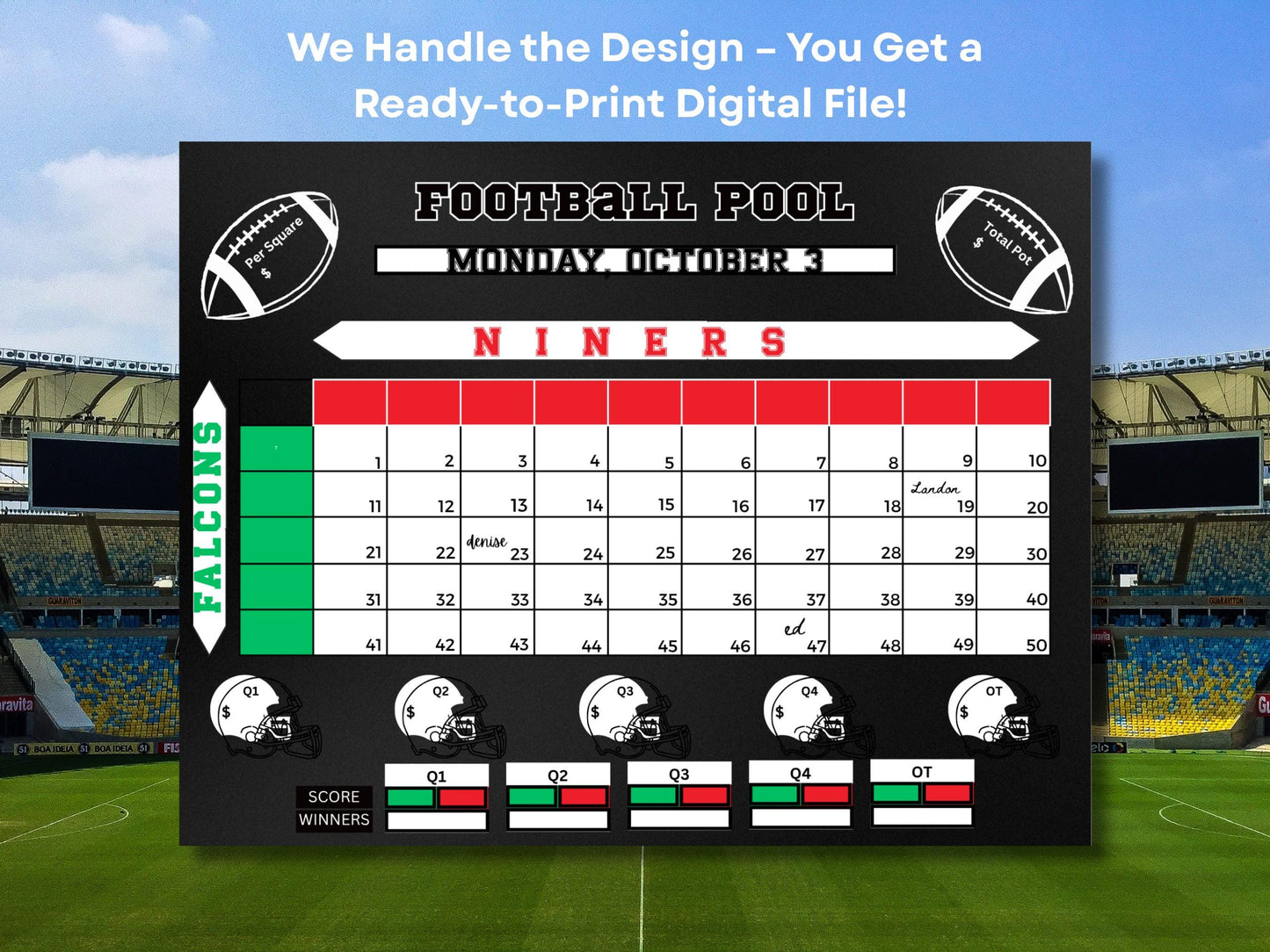 Done For You Football Pool Chart: 50 or 100 Squares Digital Download
