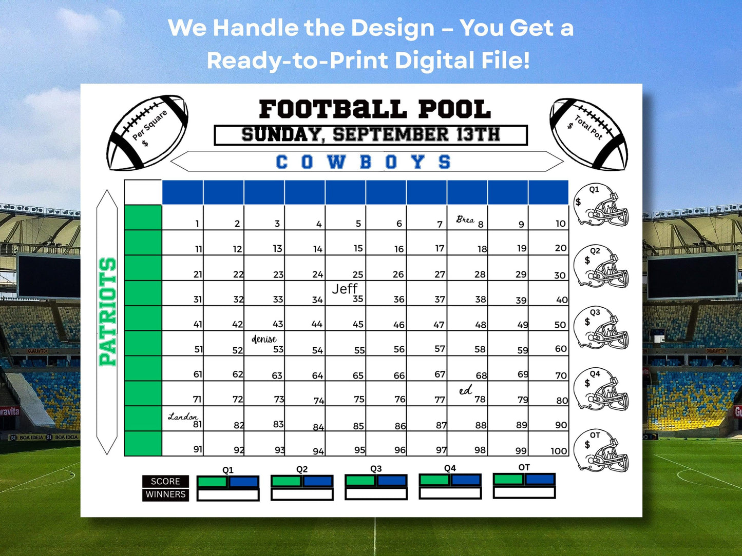 Done For You Football Pool Chart: 50 or 100 Squares Digital Download