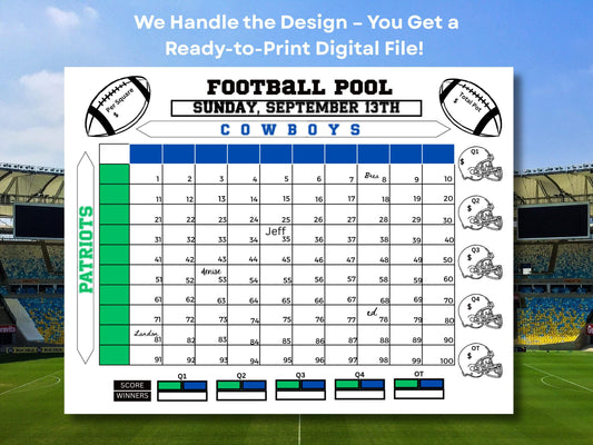 Done For You Football Pool Chart: 50 or 100 Squares Digital Download