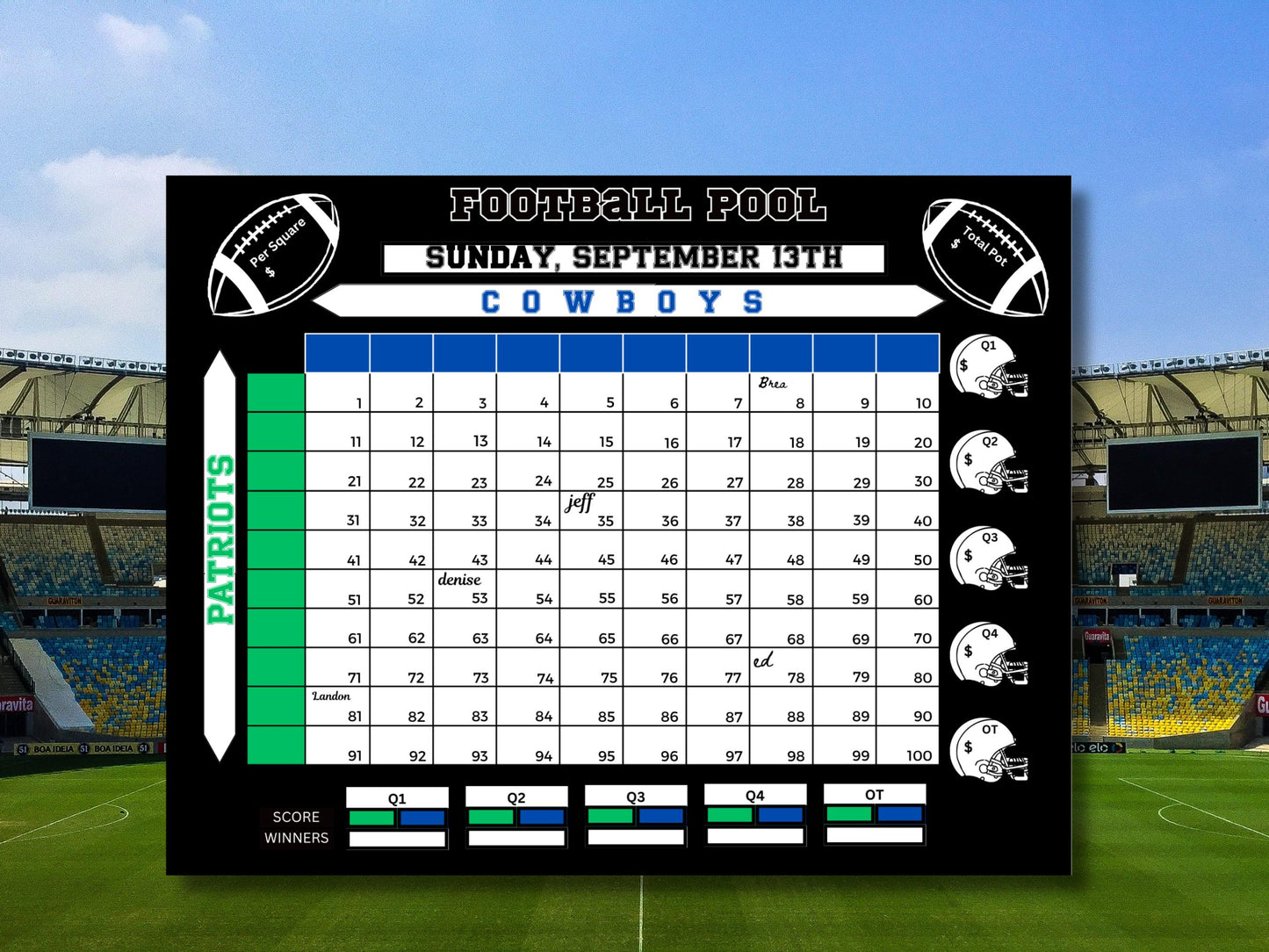 Done For You Football Pool Chart: 50 or 100 Squares Digital Download