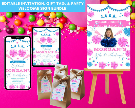 Cheerleading Birthday Invitation Bundle: Editable Cheer Party, Thank You Tags, Signs (Digital Download)