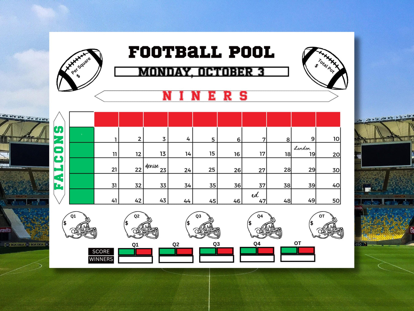 Done For You Football Pool Chart: 50 or 100 Squares Digital Download