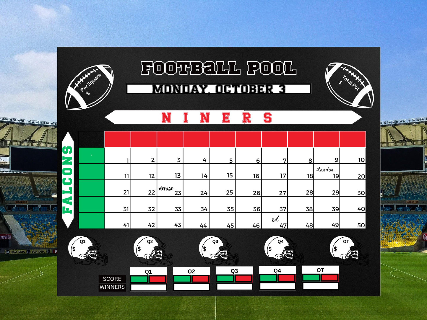 Done For You Football Pool Chart: 50 or 100 Squares Digital Download