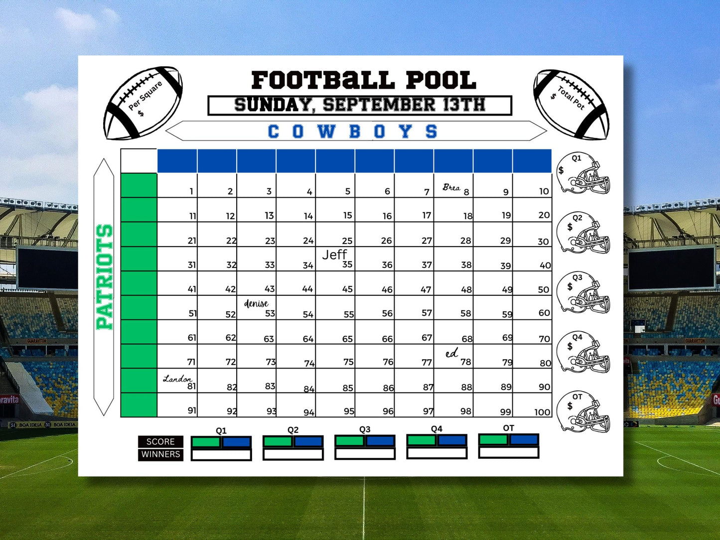 Done For You Football Pool Chart: 50 or 100 Squares Digital Download