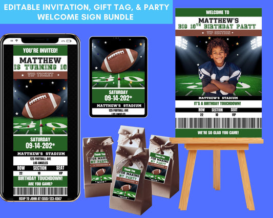 Football Birthday Ticket Invitation: Editable Party Bundle (Digital Download)