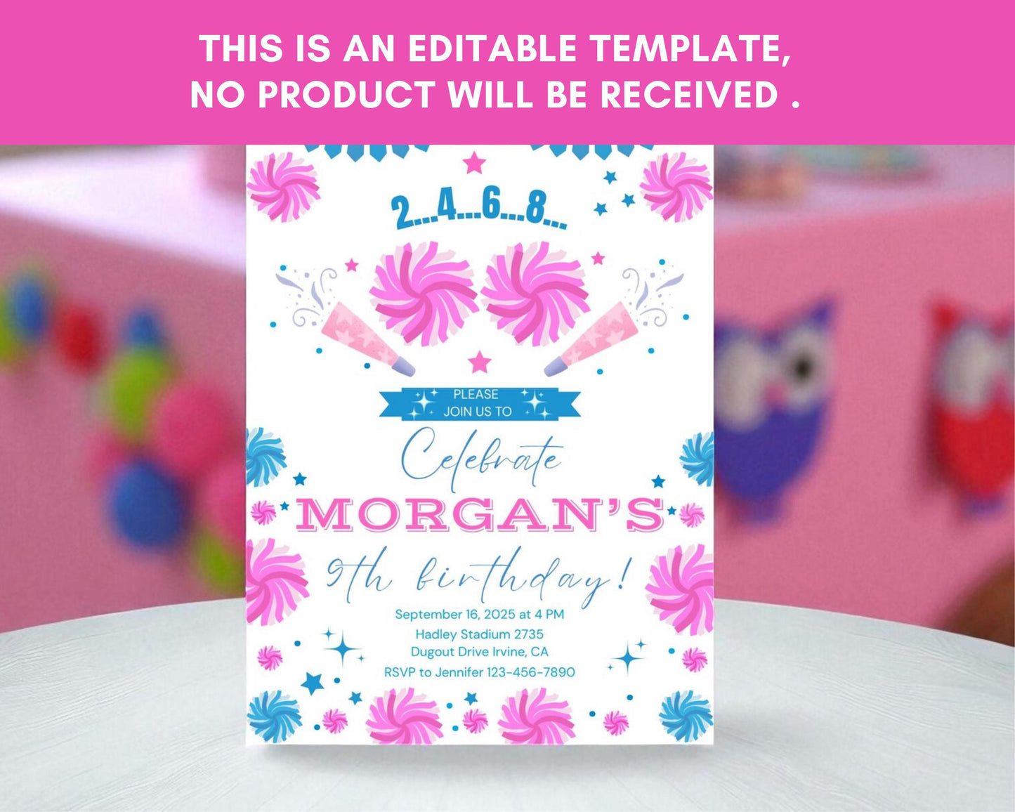 Cheerleading Birthday Invitation Bundle: Editable Cheer Party, Thank You Tags, Signs (Digital Download)