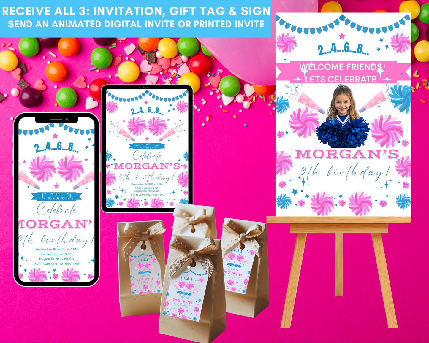 Cheerleading Birthday Invitation Bundle: Editable Cheer Party, Thank You Tags, Signs (Digital Download)