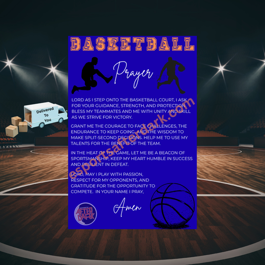 Basketball prayer card with blue basketball-themed design on a basketball court background