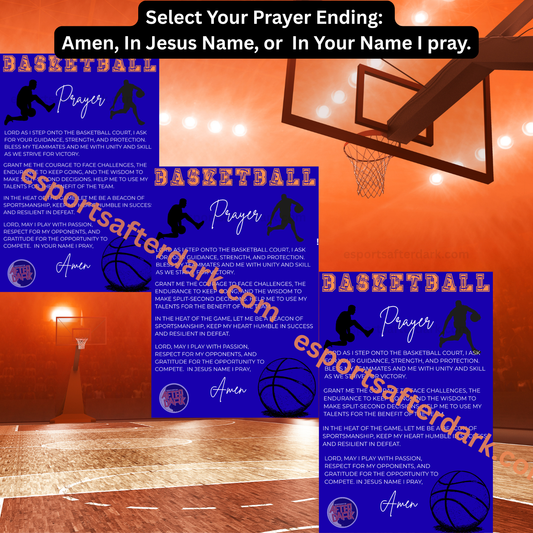 Basketball-themed prayer cards with a basketball court background