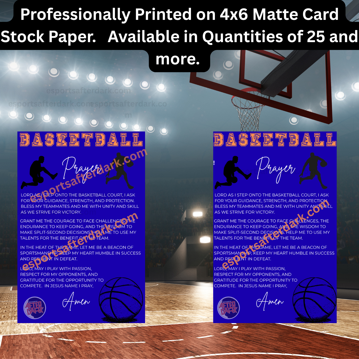 Two prayer cards for basketball players on a basketball court background