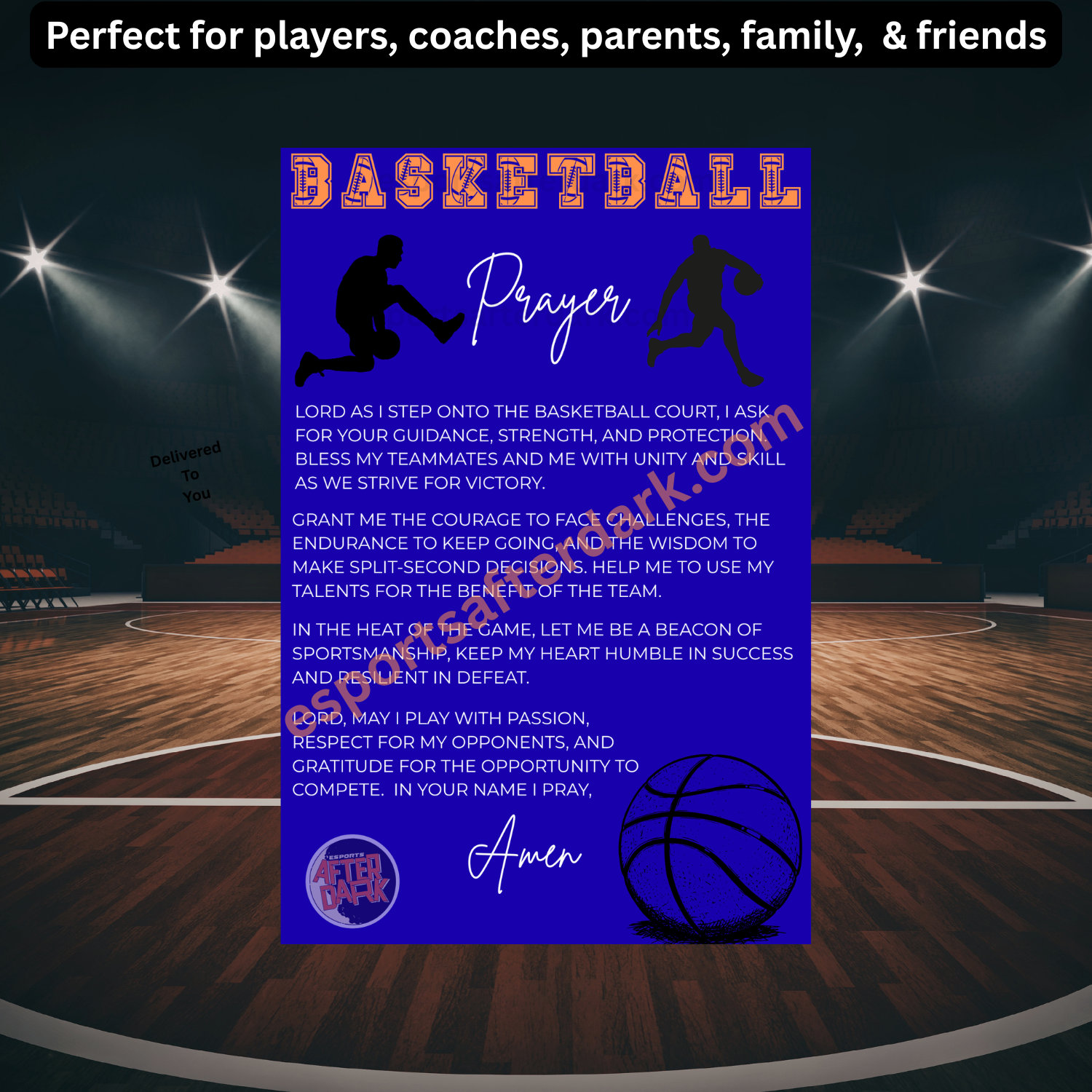 Basketball prayer card with basketball-themed design on a basketball court background