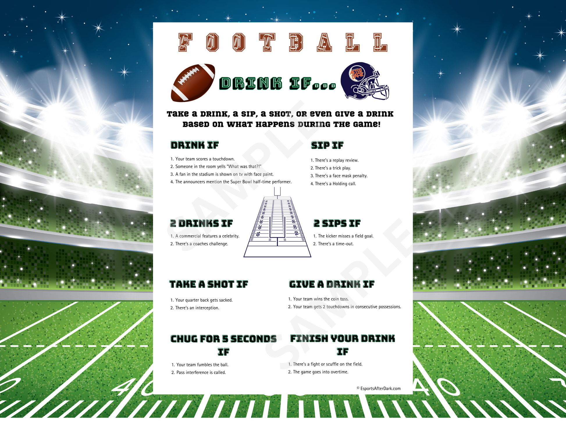 Football-themed drinking game sheet with stadium background. football party drink if game