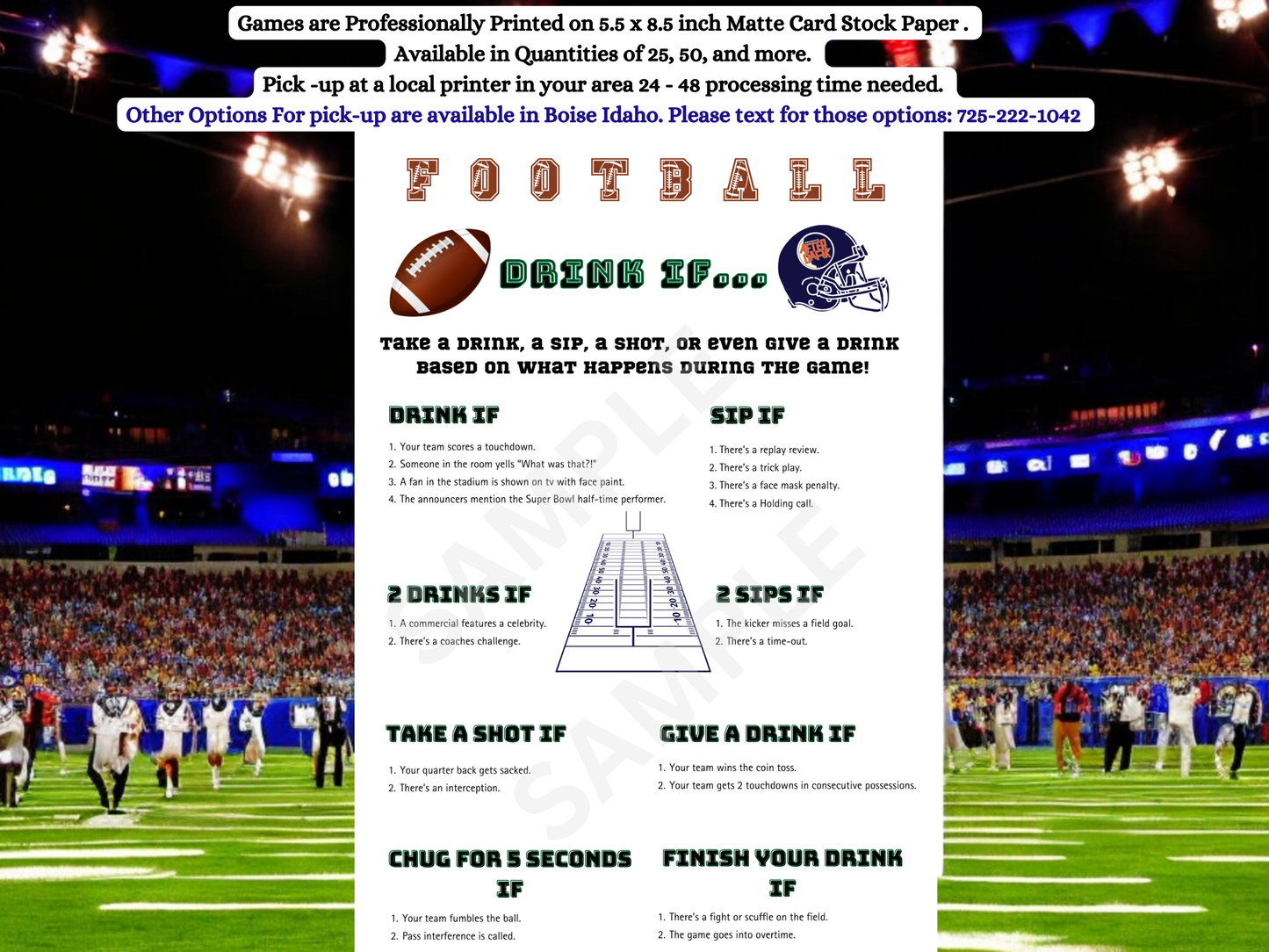 Football-themed drinking game sheet with stadium background