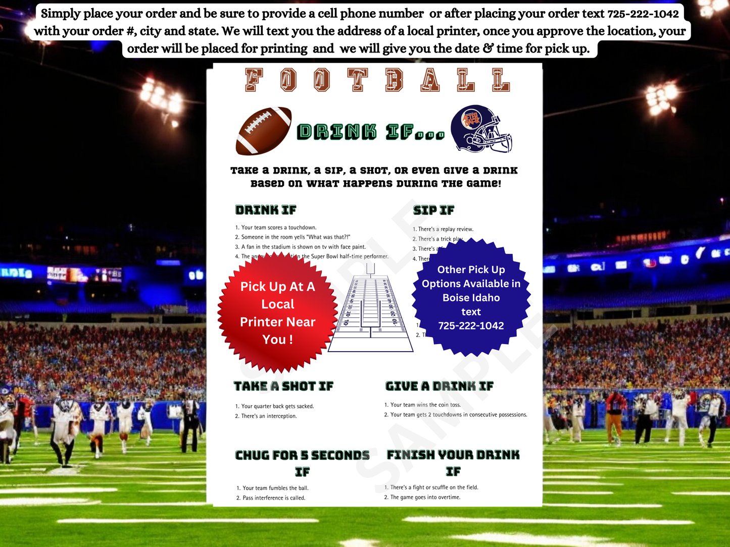 Promotional flyer for a football-themed drinking game with stadium background