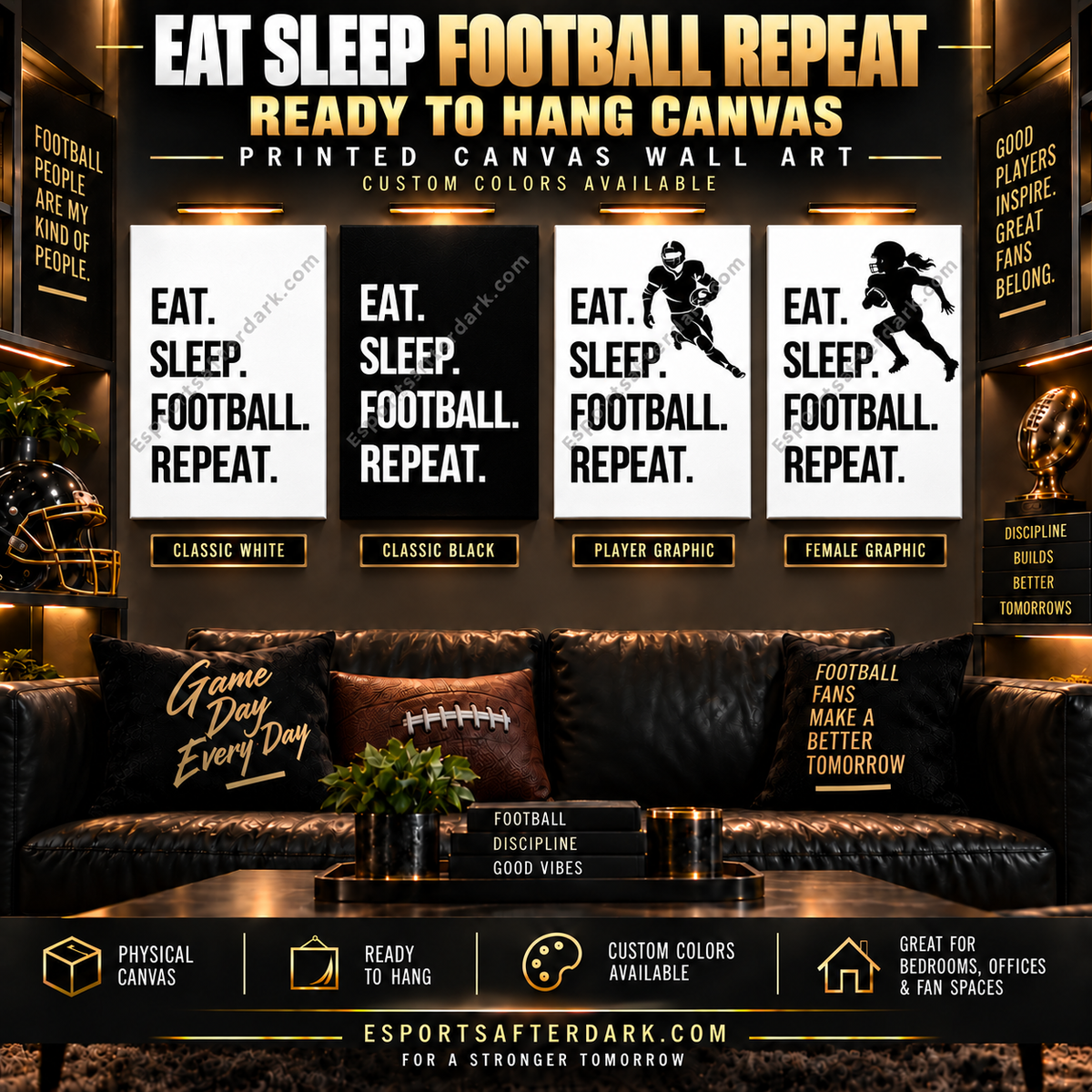 Eat Sleep Football Repeat Canvas Wall Art | Football Player, Coach & Man Cave Decor