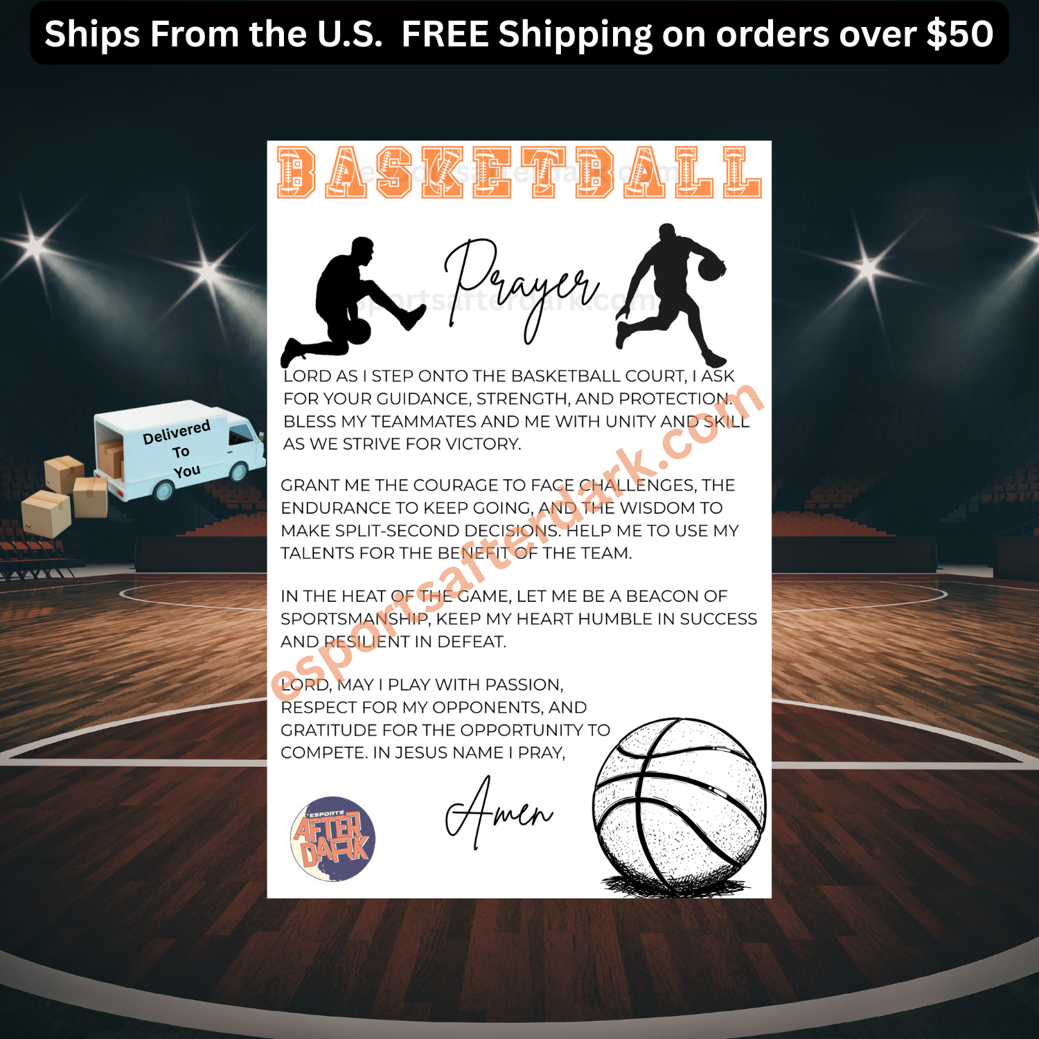 Basketball prayer card with basketball court background