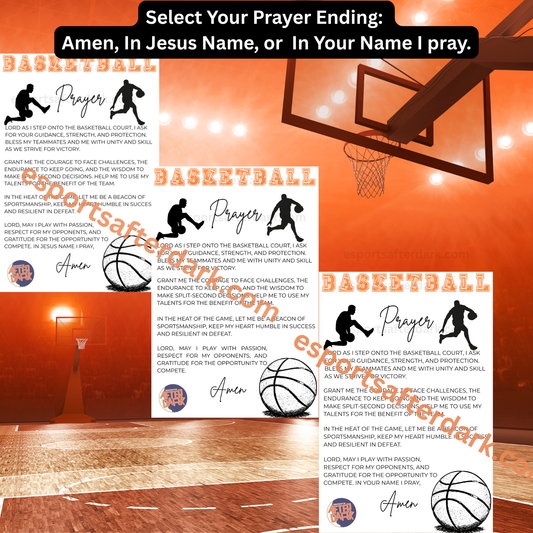 Basketball-themed prayer cards with a basketball court background