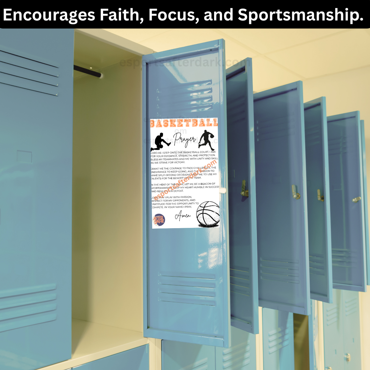 Open blue locker with a basketball prayer card poster inside, set against a beige wall.